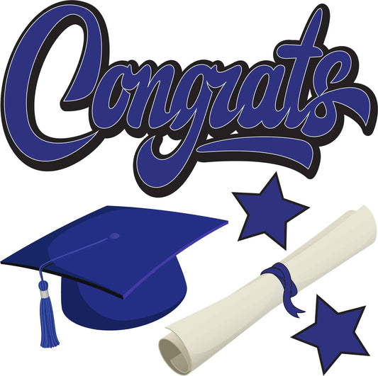 Graduation Half Sheet - Solid Blue Congrats Cap Scroll & Stars