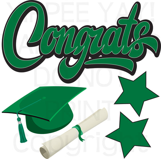 Graduation Half Sheet - Solid Green Congrats Cap Scroll & Stars