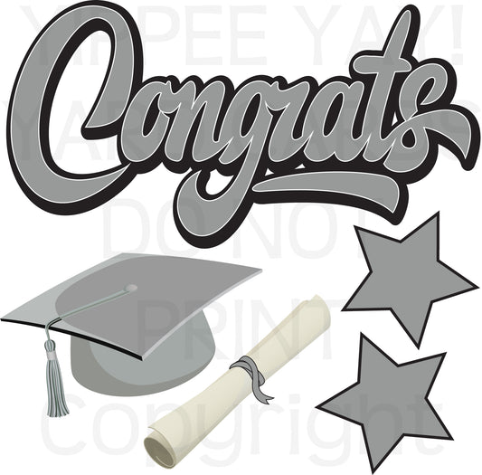 Graduation Half Sheet - Solid Silver Congrats Cap Scroll & Stars