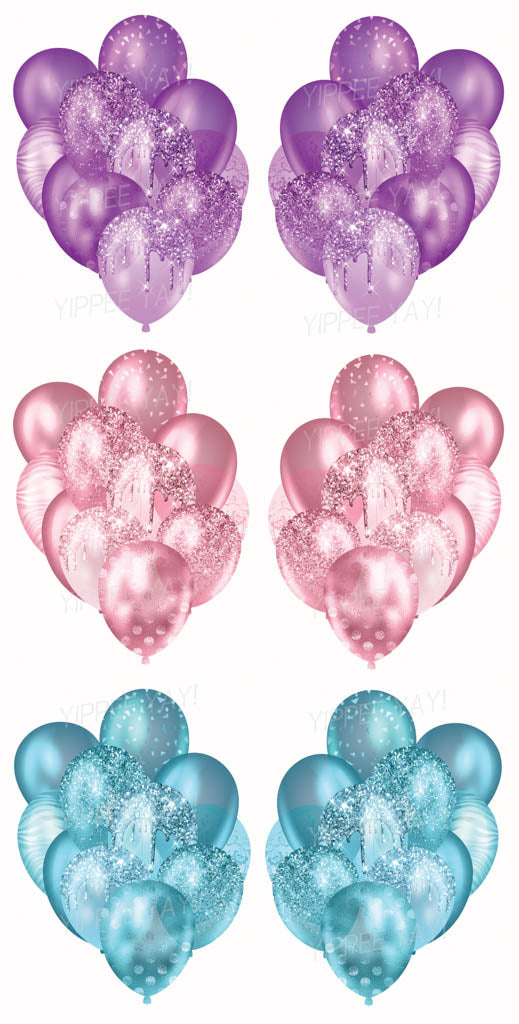 3 Sets of Balloon Bunches 6 Pink, Purple, Turquoise