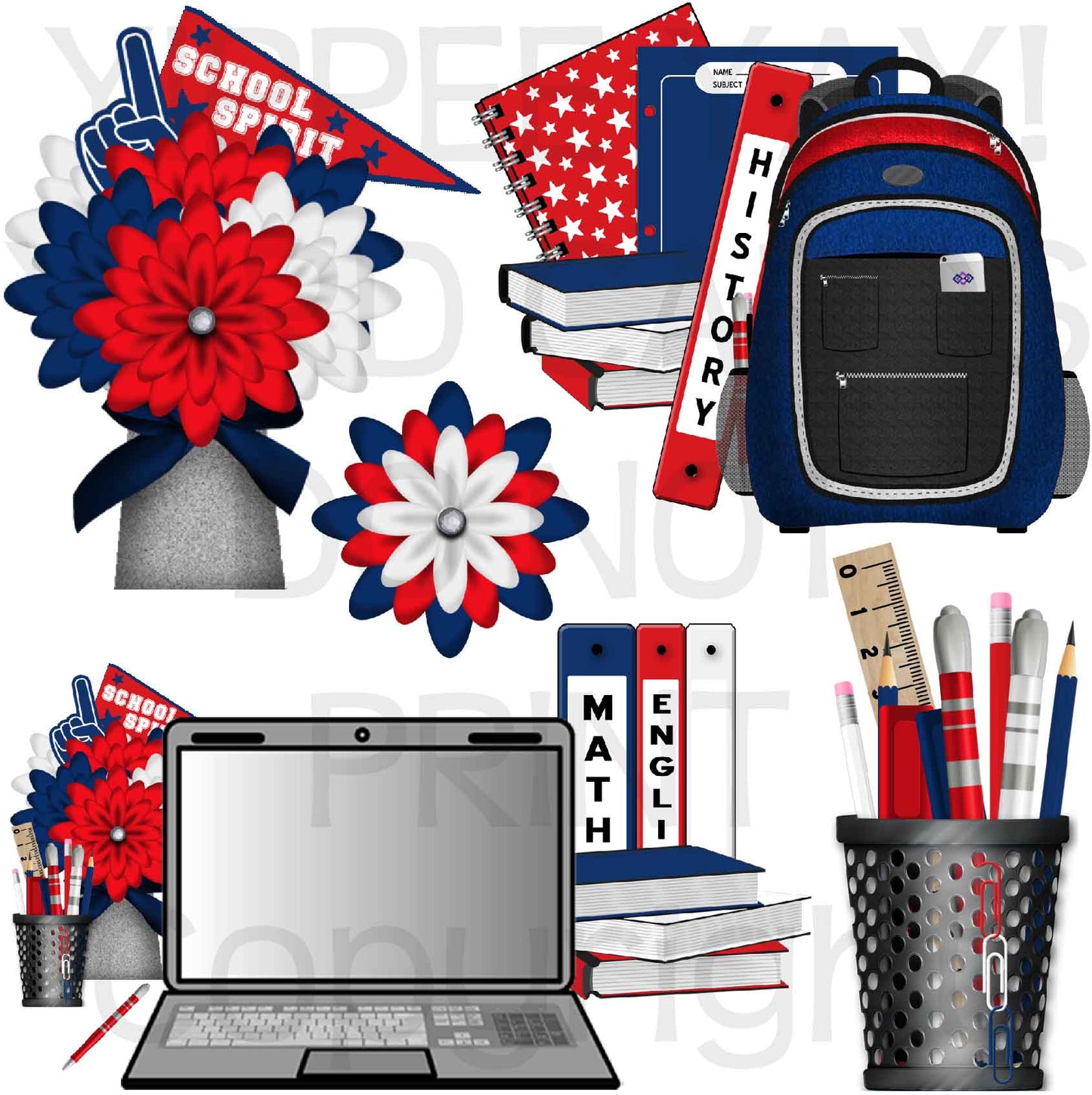Red Blue White - Back to School - School Supplies Set - Half Sheet Misc. (Must Purchase 2 Half sheets - You Can Mix & Match)