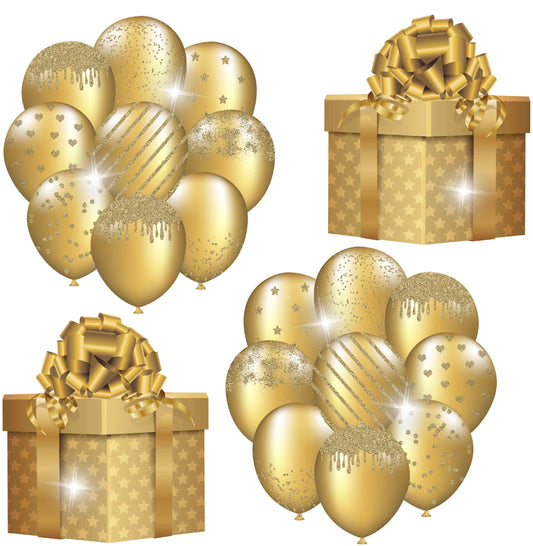 Gold Balloons and Presents Set 3 Half Sheet  (Must Purchase 2 Half sheets - You Can Mix & Match)