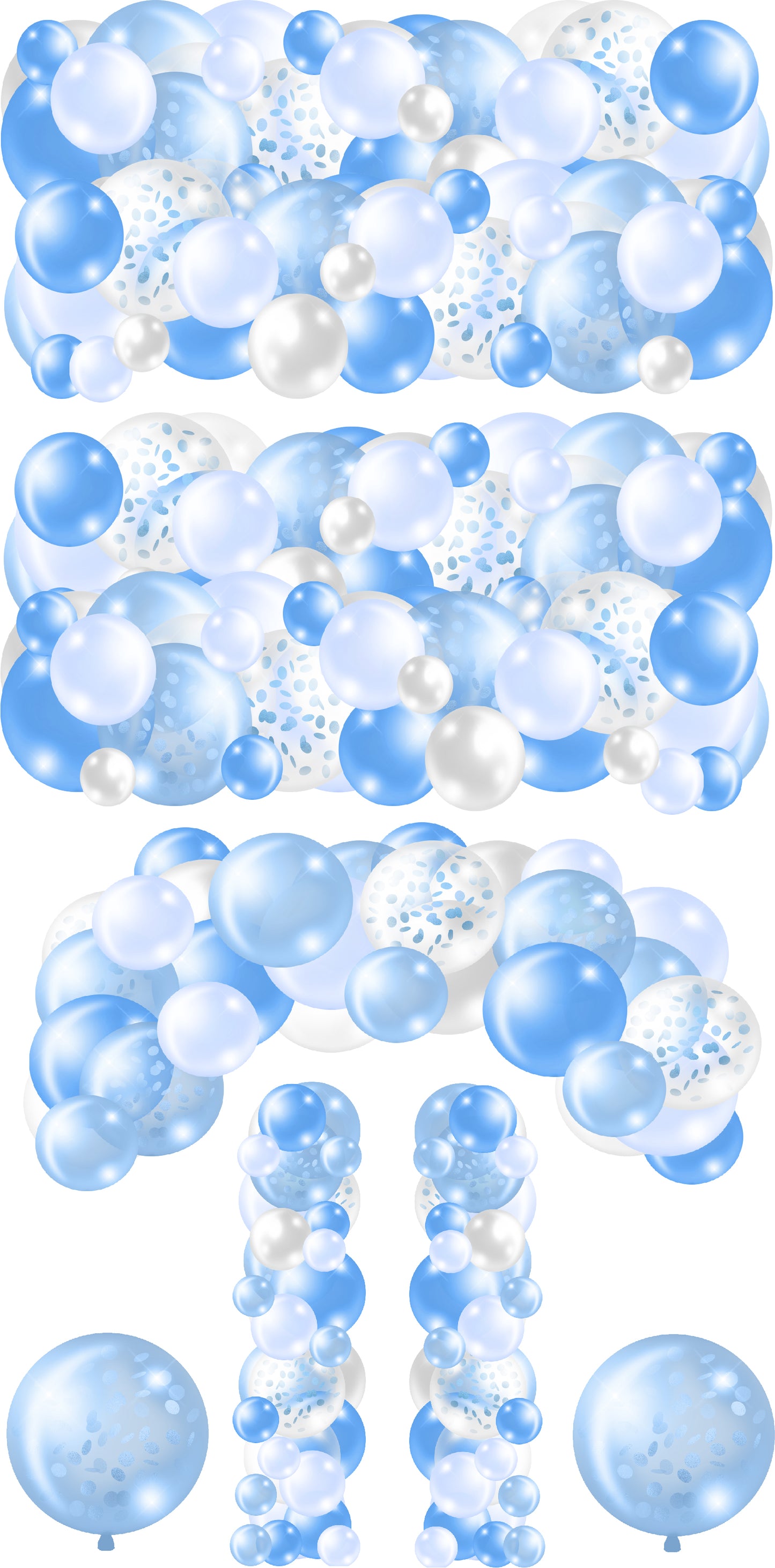 Blue and White Balloons Bunches Skirts, Ez Fillers, Arch, and Column