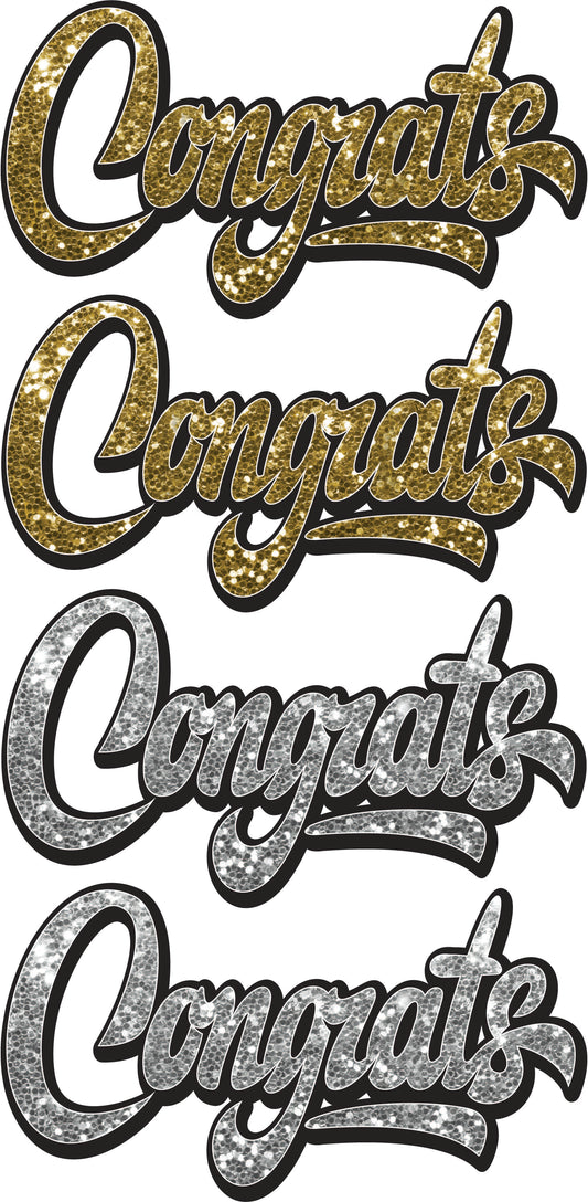 Congrats x 4 on a Sheet Graduation - Chunky Glitter Gold and Silver