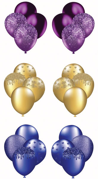 3 Sets of Balloon Bunches 9 Purple, Gold, Blue