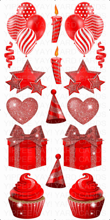 Solid Color Flair Sheets - Balloons, Hearts, Stars, Candles, Presents & Cupcakes - Red