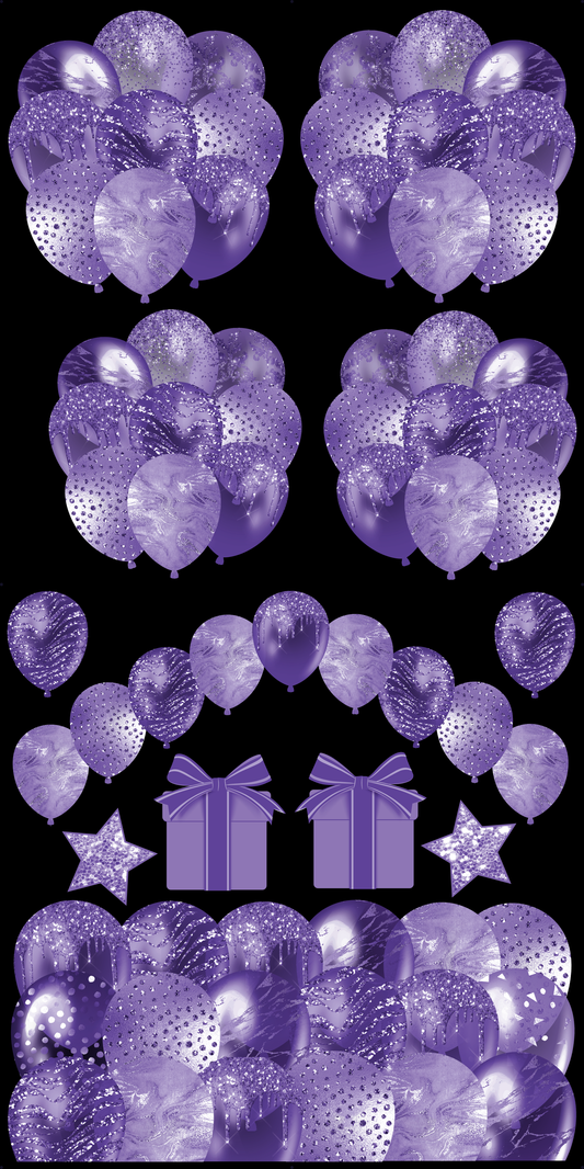 Solid Color Balloon Sheets - Purple Set 1 - 4 Balloon Bunches, Balloon Arch, Balloon Skirt, 2 Presents, & 2 Stars