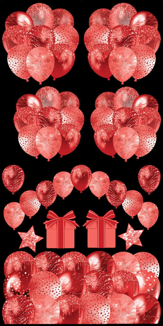 Solid Color Balloon Sheets - Red - 4 Balloon Bunches, Balloon Arch, Balloon Skirt, 2 Presents, & 2 Stars