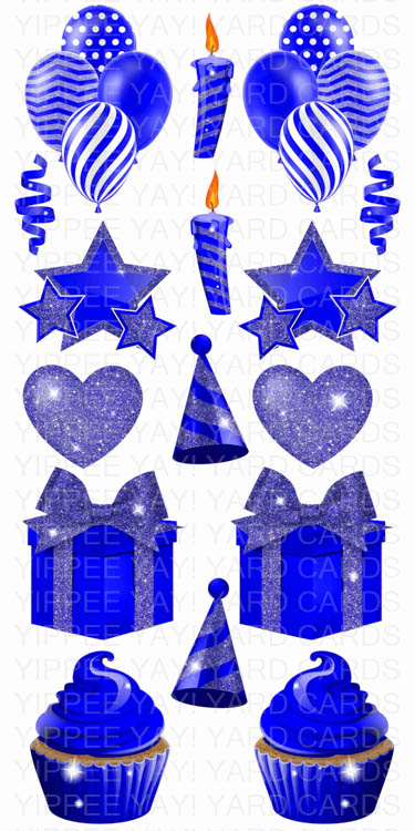Solid Color Flair Sheets - Balloons, Hearts, Stars, Candles, Presents & Cupcakes - Royal Blue