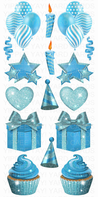Solid Color Flair Sheets - Balloons, Hearts, Stars, Candles, Presents & Cupcakes - Light Blue
