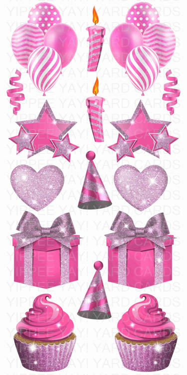 Solid Color Flair Sheets - Balloons, Hearts, Stars, Candles, Presents & Cupcakes - Pink