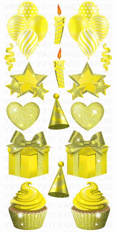 Solid Color Flair Sheets - Balloons, Hearts, Stars, Candles, Presents & Cupcakes - Yellow